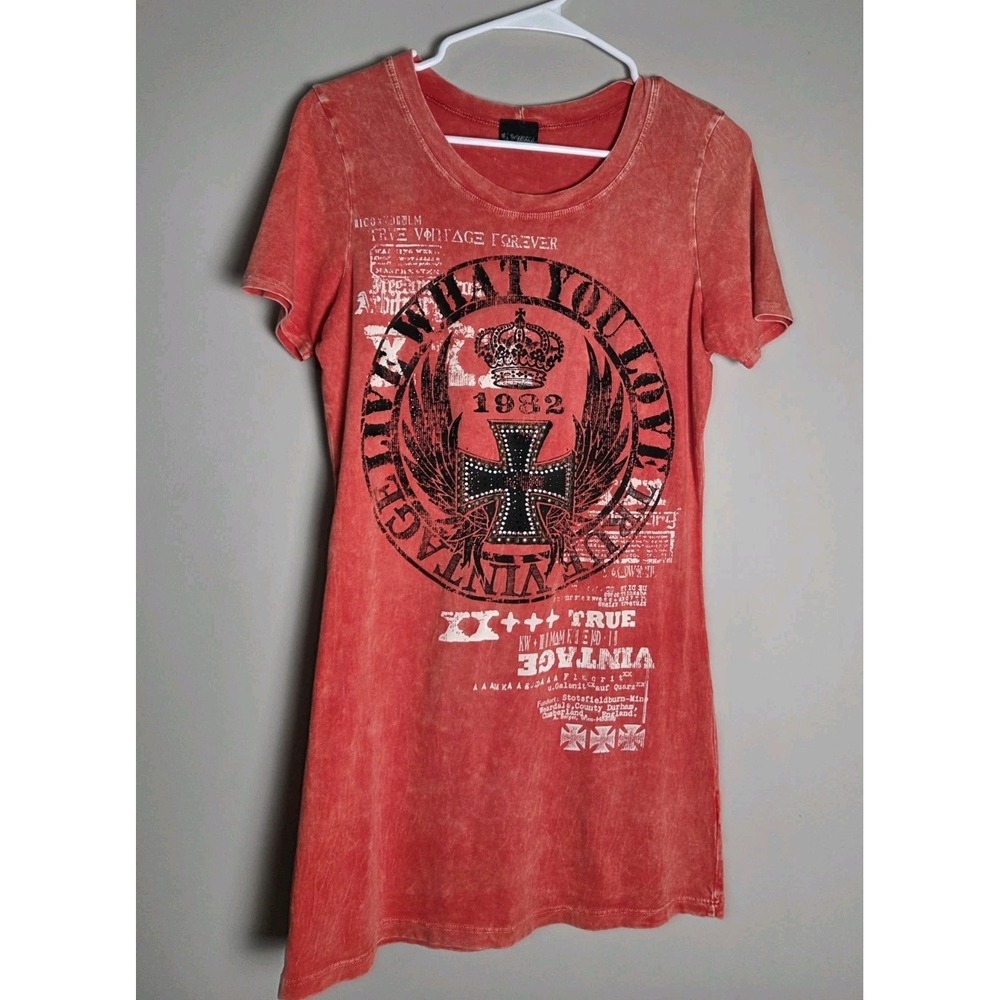 Daytrip Buckle T-Shirt LG Red Acid Wash Y2K Graphic Iron Cross Rhinestones USA